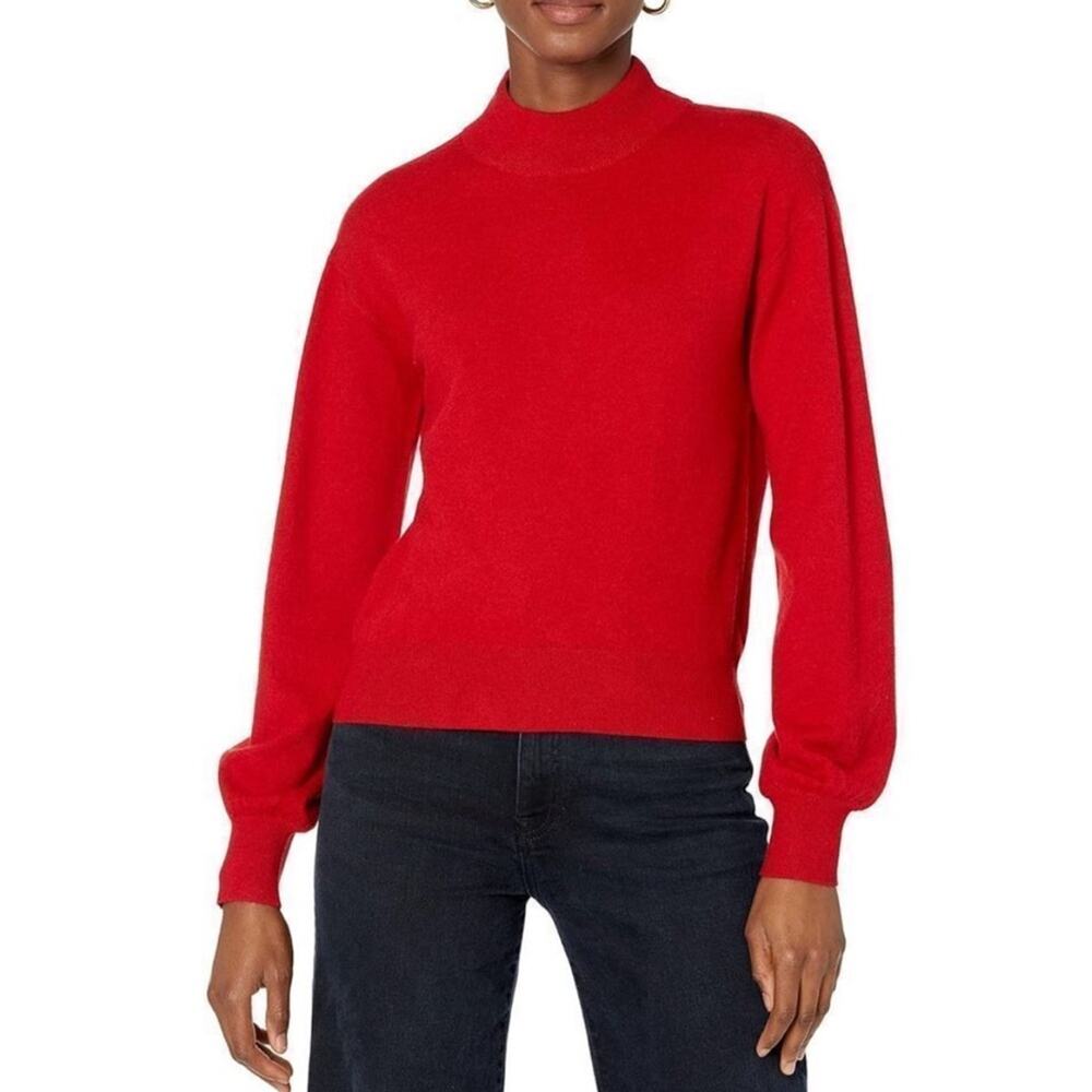 The Drop Jaclyn Puff Sleeve Sweater Cutout Back Mock Neck Holiday Cherry Red XS